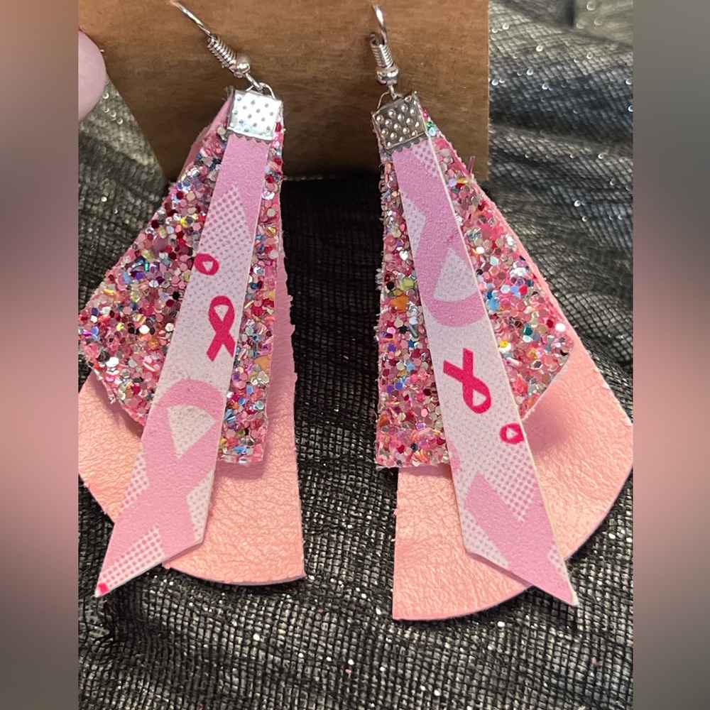 Pink White Ribbon Breast Cancer Awareness real & vegan leather hypoallergenic